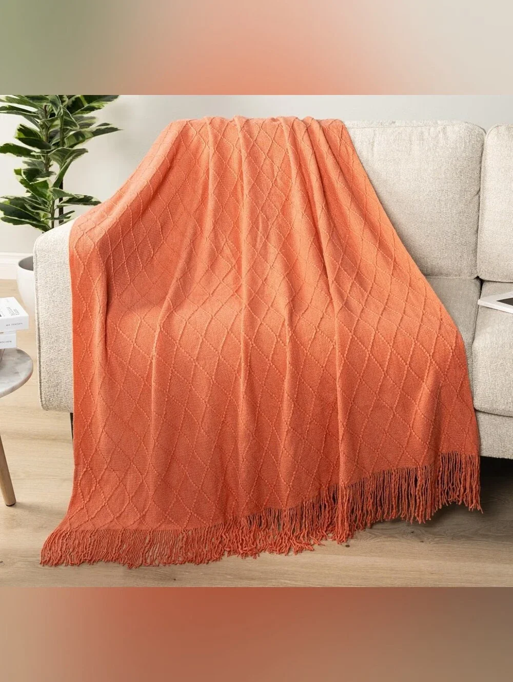 Diamond Knitted washable Fringe Throw Blanket - Coral 50x60